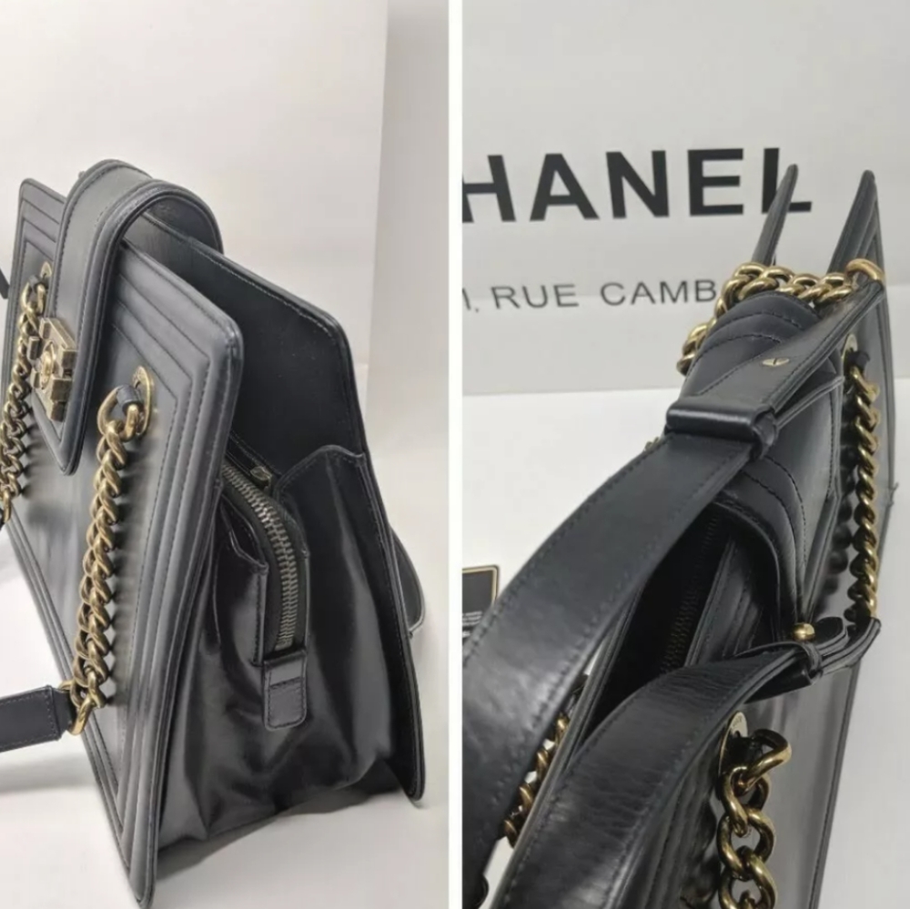 🚨🎉 HP 🎉CHANEL Boy Black Tote Calfskin Leather Rare!Limited Edition - Picture 12 of 16